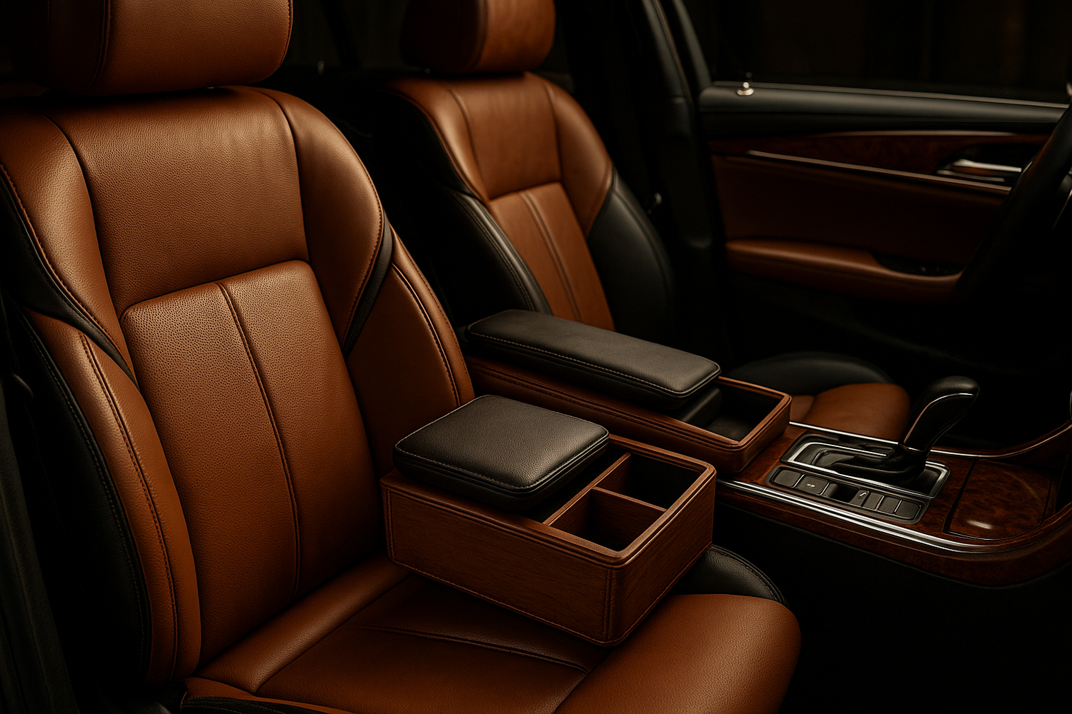 Luxury expensive car interior, well lit, car seats facing the left showing class and precision. Add arm rest products  