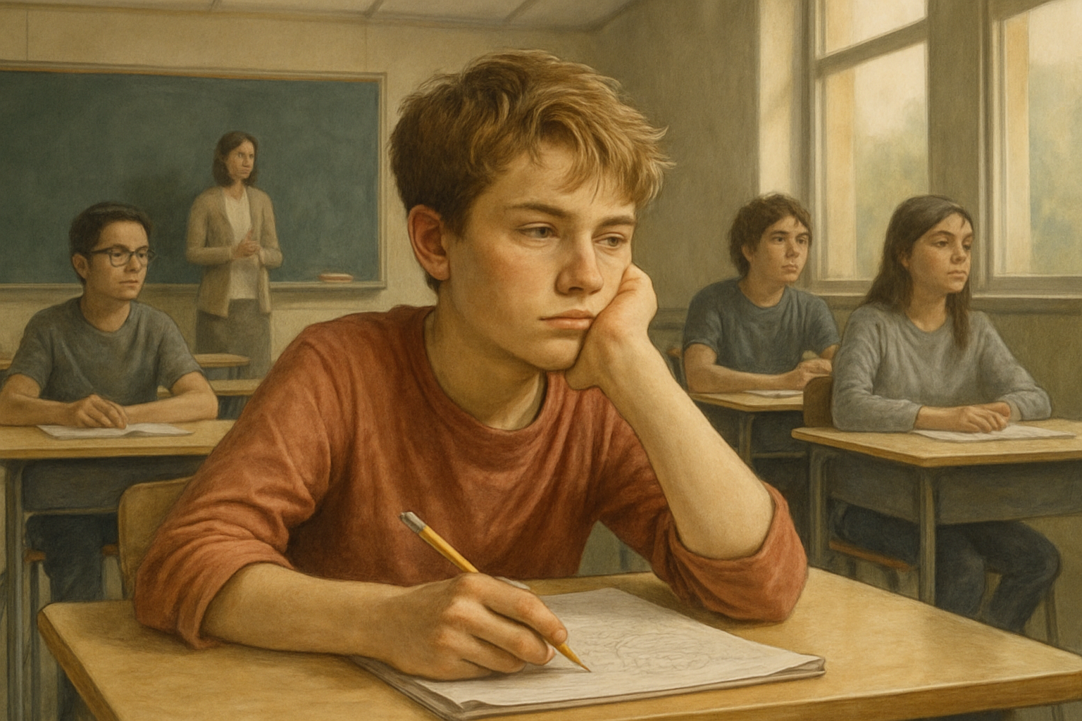 real image of young person, distracted in class, 